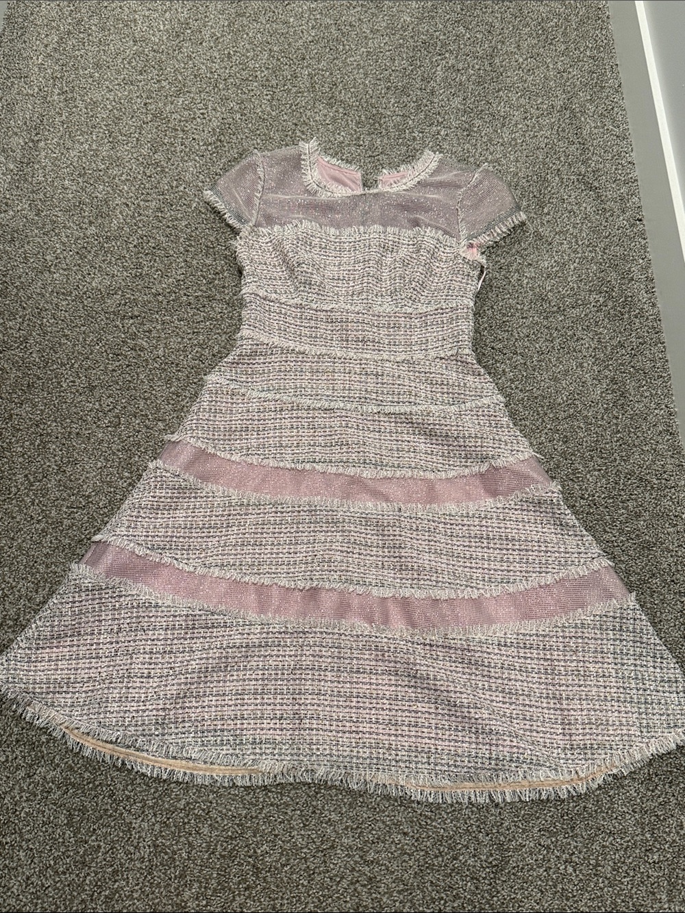 Kay Unger Pink Tweed Mesh Fit & Flare Midi Dress Fringe Size 4